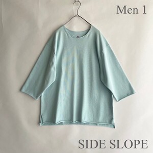 【美品】 SIDE SLOPE サイドスロープ コットンニット クルーネック ゆったりめ 上品 コットン シルク ポリエステル ブルー系 size 1 sk