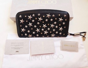 美品 JIMMY CHOO ジミー チュウ 黒 レザー ジップ 長財布 ラウンド ブラック メンズ レディース 革 小銭入れ 有り 中古 t-00