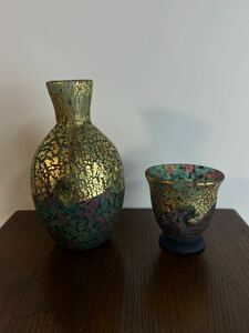 1 大川薫 玻璃 酒器セット 徳利 ぐい呑 金彩 金箔 ガラス 硝子 とっくり 手吹 工芸 びいどろ 青森 津軽 ビードロ