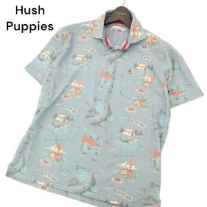 Hush Puppies ハッシュパピー 春夏 ドッグ ロゴ刺繍★ キャンプ アウトドア 総柄 半袖 鹿の子 ポロシャツ Sz.L　メンズ　C4T04192_5#D