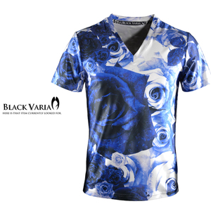 9#bv04-bl BLACK VARIA 薔薇 大輪バラ ローズ 花 プレミアム Vネック 半袖Tシャツ メンズ(ブルー青) M 日本製 吸水速乾＆2wayストレッチ