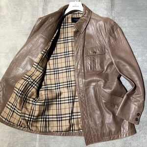 Lサイズ★BURBERRY バーバリー レザー ジャケット ノバチェック ブルゾン 革ジャン ライダース ラムレザー 羊革 ベージュ系 メンズ