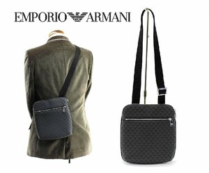 9万新品◆EMPORIO アルマーニ 軽量イーグルロゴプリント 外ポケット付きクロスボディバッグ 濃灰×黒 1円