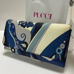 ☆良品-袋付き☆ ◆EMILIO PUCCI エミリオプッチ　フラップ式 長財布　11SM40◆　PVC レザー　かぶせ　総柄　ブルー系【USED】1209