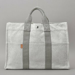 1円 極美品 HERMES エルメス ニューフールトゥMM トートバッグ ハンドバッグ グレー キャンバス クリーニング済 A4 軽量 鞄 Ma.k