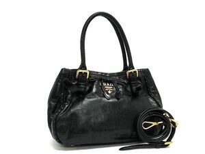 1円 ■美品■ PRADA プラダ レザー リボン 2WAY ハンドバッグ トート ショルダー 斜め掛け レディース ブラック系 FG3396