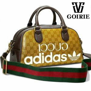 【限定品/極美品】GUCCI adidas グッチ×アディダス 2WAYショルダーバッグ シェリーライン GG柄 ミニボストン 本革 PVC レザー 黄 茶