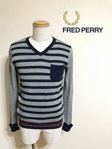 【良品】 FRED PERRY フレッドペリー Vネック セーター トップス サイズM 長袖 グレー ネイビー ヒットユニオン F3119