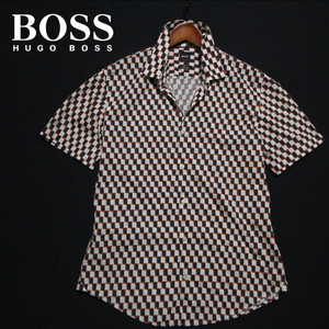 【ヒューゴ・ボス】 幾何学デザイン　半袖シャツ　コットンリネンシャツ　サイズL　カラーキーパー付　BOSS HUGO BOSS