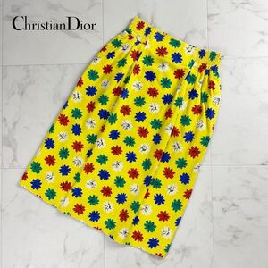 美品 Christian Dior クリスチャン ディオール 花柄タイトコットンスカート バックジップ 膝丈 裏地あり 黄色 赤 青 緑 白 サイズ7*QC837