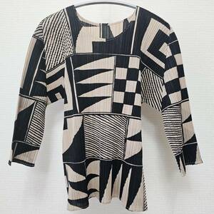 389☆ 美品 PLEATS PLEASE ISSEY MIYAKE プリーツプリーズ 総柄 ブラウス カットソー モカ ブラック 3