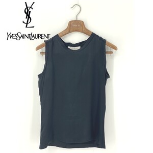 A8394/春夏 Yves Saint Laurent イヴ・サンローラン シルク100% リボン付き 無地 ノースリーブ Tシャツ カットソー 34 XS程 黒/レディース