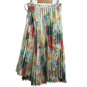 美品 23AW TOGA PULLA トーガプルラ 総柄 Metallic print skirt ひざ下丈 アシンメトリープリーツスカート 34 メタリックシルバー ◆