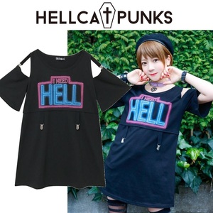 【 HELLCATPUNKS 】 I NEED HELL オープンショルダーTシャツワンピース ヘルキャットパンクス