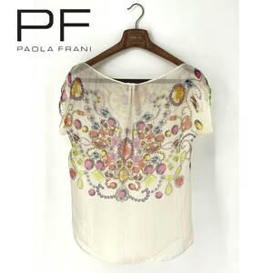 A7079/美品 春夏 PAOLA FRANI パオラフラーニ シルク100% 総柄 シースルー レース 半袖 ブラウス Tシャツ カットソー 38 白/レディース