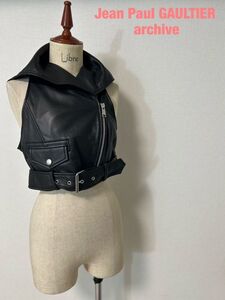 X0037★17 高級 美品 Jean Paul GAULTIER ジャンポールゴルチエ vintage archive レザー 本革 ライダース ベスト ブラック JPタグ