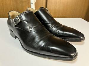 送料無料 イタリア製 SANTONI 革靴 UK5.5 サントーニ ストレートチップ シングルモンク 黒 冠婚葬祭 ビジネス レザーシューズ