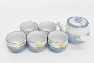 (813M 0522M8) 1円～ 未使用 茶器セット 急須 湯呑 5客 豊秀 鶴絵 金彩 茶道具 煎茶道具 和食器