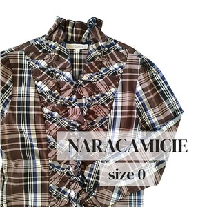 【美品】NARACAMICEナラカミーチェ/ラッフル付七分袖マドラスチェックシャツ/サイズ0/Sサイズ/7号/フリル/ストレッチ