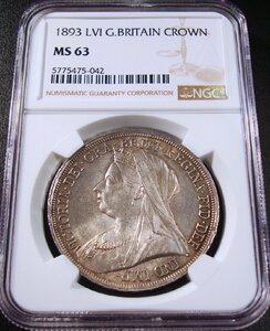 ●イギリス 1893年LVI NGC MS63 ビクトリア女王 ベールドヘッド クラウン銀貨