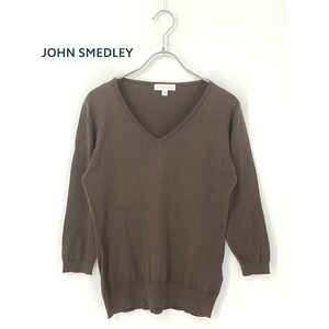 A9735/美品 春夏 JOHN SMEDLEY ジョンスメドレー コットン Vネック 無地 長袖 ニット リブ セーター M 茶 英国製 イギリス製 レディース