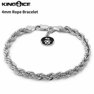 【チェーン幅 4mm、長さ 8インチ】King Ice キングアイス ロープチェーン ブレスレット ホワイトゴールド 4mm Rope Bracelet メンズ 男性