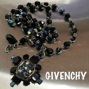 【m】GIVENCHY ジバンシー ビジュー ネックレス 黒x青系 ビーズ ジルコニア ストーン