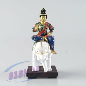 「81SHOP」 木彫り仏像 帝釈天騎象像 金泥仕様 ツゲ 木製仏像 美術品 高さ10cm ※桐箱付き