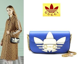 46万新品◆グッチ GUCCI×adidas ホースビット×トレフォイル 2タイプストラップ付ミニレザーショルダーバッグ ライトブルー青 1円