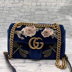 極稀少●GUCCI グッチ ショルダーバッグ メッセンジャー 斜め掛け GGマーモント キルティング ゴールドチェーン ベロア ベルベット ブルー