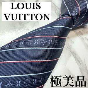 極美品 現行タグ レア LOUIS VUITTON ネクタイ シルク100% モノグラム ストライプ LVロゴ レギュラータイ ブランドロゴ 刺繍 ネイビー