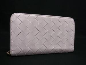 1円 ■美品■ BOTTEGA VENETA ボッテガヴェネタ イントレチャート レザー ラウンドファスナー 長財布 ウォレット ライトピンク系 FE6856