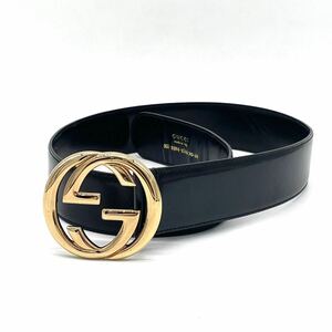 1円 GUCCI グッチ レザー ベルト ブラック インターロッキングG ダブルG ゴールド金具 ヴィンテージ