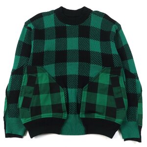 極美品○Sacai サカイ 22SS 22-02704M Buffalo Check Kint Pullover ポケット付き チェック ニット グリーン系 2 日本製 正規品 メンズ