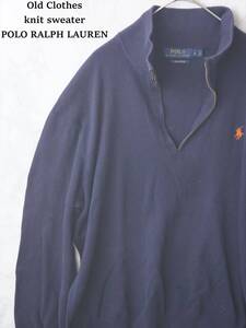 訳アリ POLO RALPH LAUREN ポロ ラルフ ローレン ジップ ニット セーター 無地 Lサイズ ネイビー 紺 コットン 綿 秋冬用 長袖 アウター