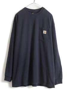 大きいサイズ XL ■ カーハート ポケット付き 長袖 Tシャツ ( メンズ ) 古着 CARHARTT ロンT ワンポイント クルーネック ポケT ロゴT 紺