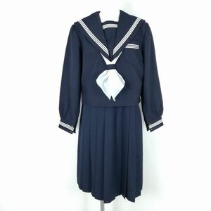 1円 セーラー服 ジャンパースカート スカーフ 上下3点セット 冬物 白3本線 女子 学生服 中学 高校 紺 制服 中古 ランクC NA6934