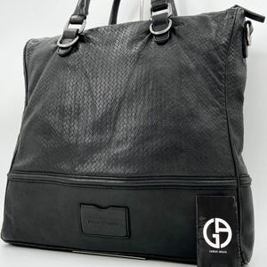 1円【最高級/大容量】GIORGIO ARMANI トートバッグ 本革 レザータグ 編み込み デザイン 肩掛け ジョルジオアルマーニ メンズ ビジネス 黒