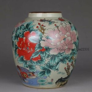 光緒豆青粉彩富貴花開棕口缶 景徳鎮 陶磁器 装飾品 現代工芸品美術品 置物