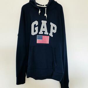 WS0267 大人可愛い GAP ギャップ ユニセックス パーカー 長袖 人気 M ネイビー（紺） ビッグロゴ コットン 古着 ロゴドン 星条旗 フーディ