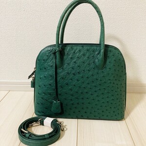 ★美品★ オーストリッチ OSTRICH ダチョウ 駝鳥 2way ハンドバッグ ショルダーバッグ ブガッティ型 南京錠 カデナ 緑 グリーン