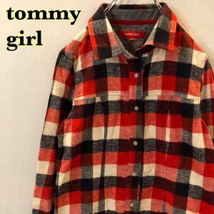 tommy girl トミーガール　長袖　シャツワンピース　ネルシャツ　カフスボア　赤白紺チェック　レディース　Mサイズ　【AY0080】