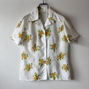 古着 ヴィンテージ 70s 80s 花柄シャツ オープンカラー 開襟シャツ 半袖 白 黄色 M ガーリー レトロ ビンテージ vintage