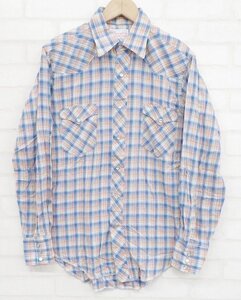 7T4752【クリックポスト対応】ラングラー チェックウエスタンシャツ 白タグ USA製 Wrangler ビンテージ