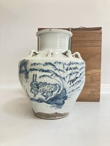 美術館級作特別出品　李朝期　官窯　分院窯　至高の名逸品　李朝白磁青花草花竹林鹿紋耳付壺　鑑賞陶器