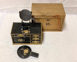 14509/旧家蔵出し品 時代雛道具 蒔絵御道具 花消 旧鏡 鏡台 京都老舗 けうゑや 共箱 ミニチュア玩具 節句飾り ひな人形 日本人形 お雛様 三