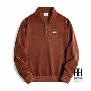 S オレンジレッド ポロシャツ メンズ 長袖 シェニール ニットポロ ニットソー CHENILLE POLO 光沢感 おしゃれ 大きいサイズ オーバーサイ