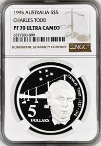 ★★ 最高鑑定-2個 オーストラリア 1995年 チャールズ・トッド卿 5＄ 35.79g .925銀貨 NGC PF70UCAM ★★