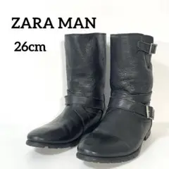 ZARA MAN ソフトレザー エンジニアブーツ シボ加工 ベルト付き ブラック