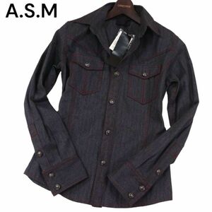 【新品 未使用】 A.S.M アトリエサブ メン 通年 赤ステッチ★ 長袖 ヘリンボーン ウエスタン シャツ Sz.48(M)　メンズ　I4T00935_3#C